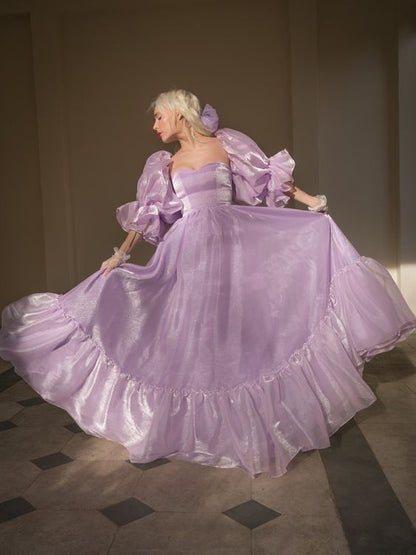 Charming Purple A-line Short Sleeve Flowing Floor-length Ball Gown Evening Dress TP2047