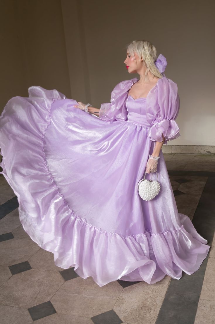 Charming Purple A-line Short Sleeve Flowing Floor-length Ball Gown Evening Dress TP2047