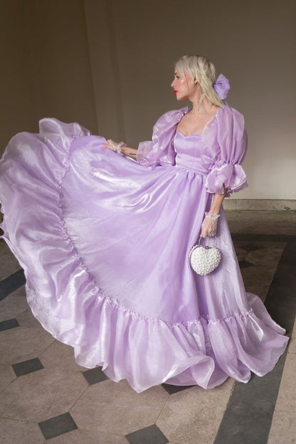 Charming Purple A-line Short Sleeve Flowing Floor-length Ball Gown Evening Dress TP2047