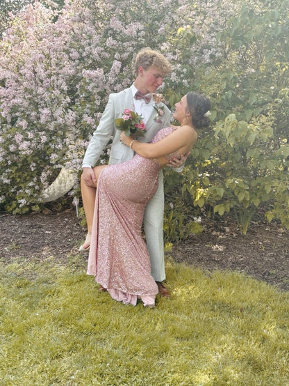 Pink Mermaid One Shoulder Sequin Slit Floor-Mounting Ball Gown Evening Dress TP2049
