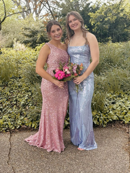 Pink Mermaid One Shoulder Sequin Slit Floor-Mounting Ball Gown Evening Dress TP2049