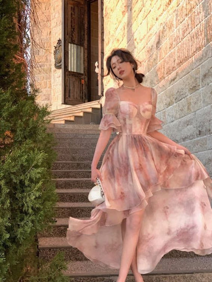 Sweet Pink A-line Short Sleeve Chiffon High-Low Ball Gown Evening Dress TP2051