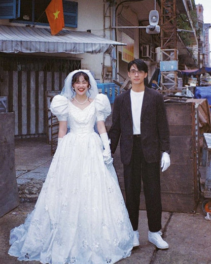 Vintage French White A-line Short Sleeve Floor Length Wedding Dress TP2052