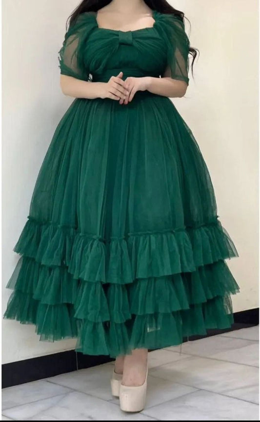 Green A-Line Short Sleeve Tulle Ankle-Length Ball Gown Evening Gown TP2053