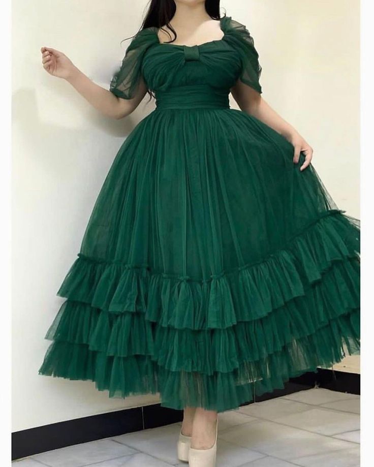 Green A-Line Short Sleeve Tulle Ankle-Length Ball Gown Evening Gown TP2053