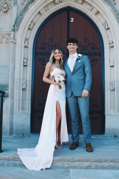 Elegant Pink Sweetheart Neck Mermaid Slit Satin Formal Prom Dress Evening Gown TP2054