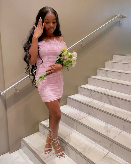 Pink Mermaid Strapless Sleeveless Short Homecoming Dress TP2061