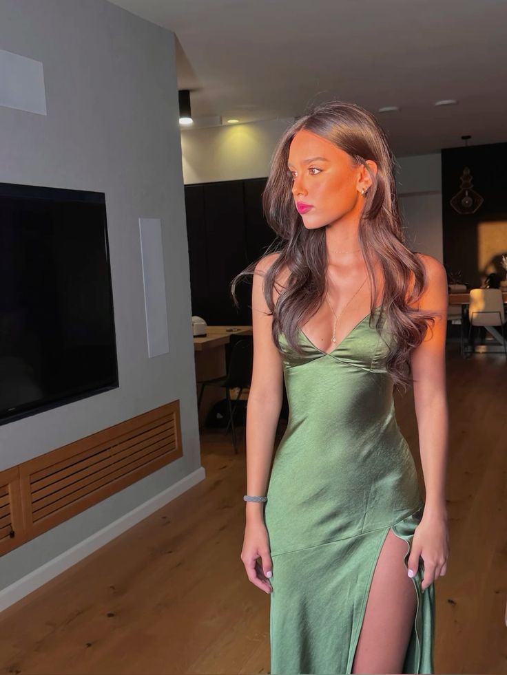 Simple Soft Satin Green Mermaid Off-the-shoulder High Slit Ball Gown Evening Dress TP2066