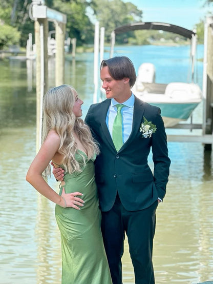Simple Soft Satin Green Mermaid Off-the-shoulder High Slit Ball Gown Evening Dress TP2066