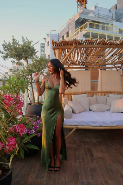 Simple Soft Satin Green Mermaid Off-the-shoulder High Slit Ball Gown Evening Dress TP2066