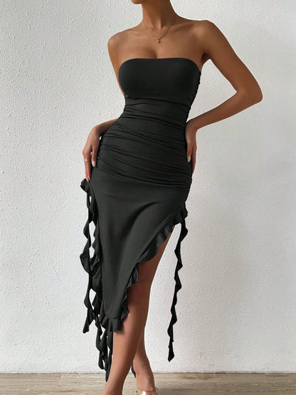 Simple White Mermaid Off-shoulder Strapless Slit Ruffled Ball Gown Evening Dress TP2068