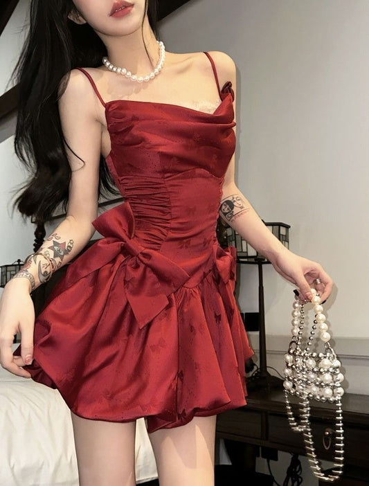 Beautiful Red Spaghetti Strap Bow Short Birthday Party Dress Homecoming Dress TP2074