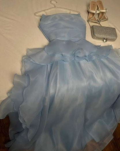 Elegant Blue A-line Sleeveless Ruffled Tulle Formal Prom Gown Evening Dress TP2080