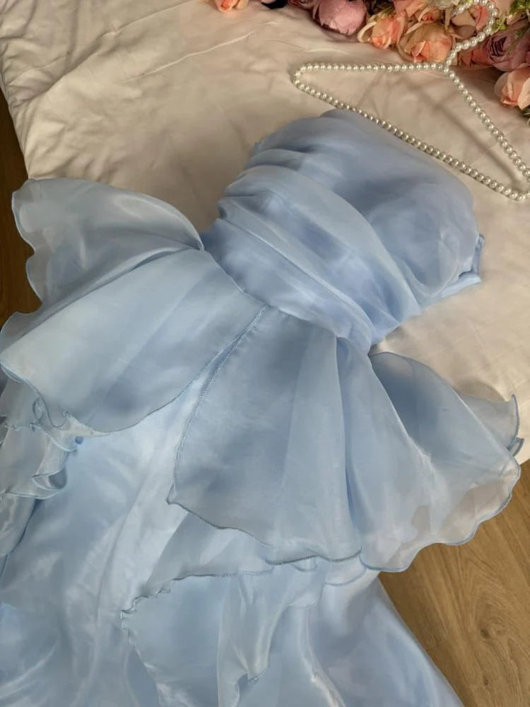 Elegant Blue A-line Sleeveless Ruffled Tulle Formal Prom Gown Evening Dress TP2080
