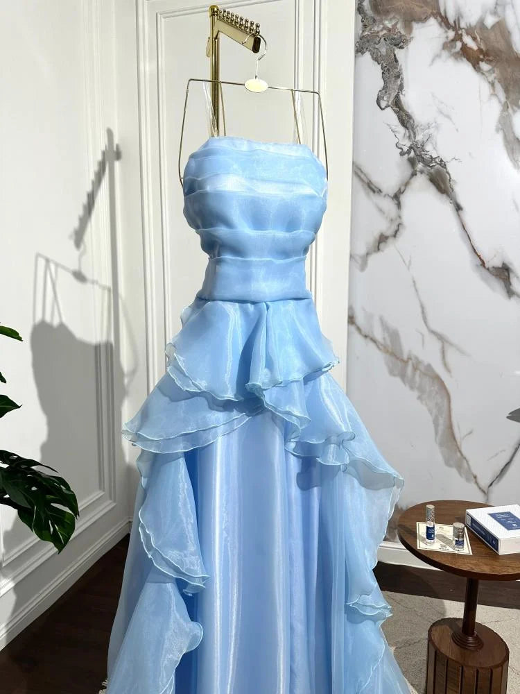 Elegant Blue A-line Sleeveless Ruffled Tulle Formal Prom Gown Evening Dress TP2080