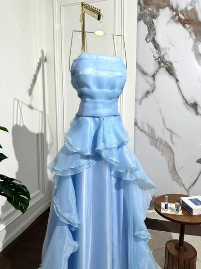 Elegant Blue A-line Sleeveless Ruffled Tulle Formal Prom Gown Evening Dress TP2080