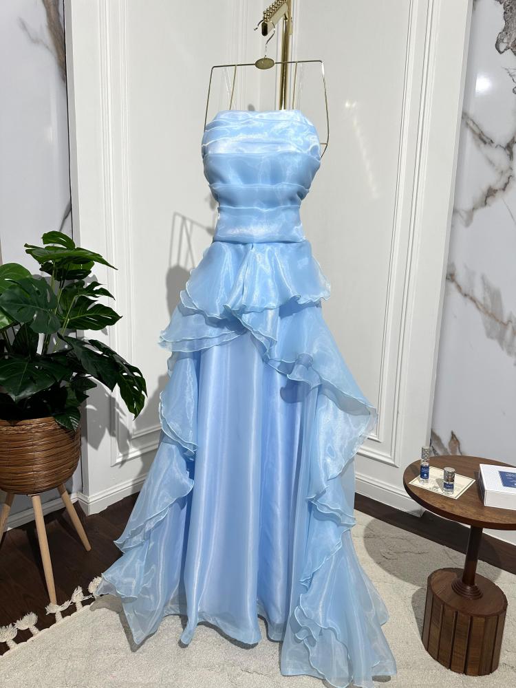 Elegant Blue A-line Sleeveless Ruffled Tulle Formal Prom Gown Evening Dress TP2080