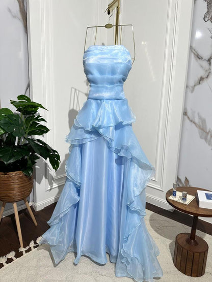 Elegant Blue A-line Sleeveless Ruffled Tulle Formal Prom Gown Evening Dress TP2080
