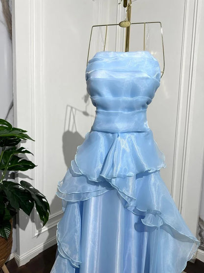 Elegant Blue A-line Sleeveless Ruffled Tulle Formal Prom Gown Evening Dress TP2080