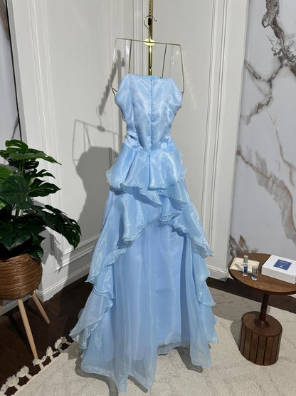 Elegant Blue A-line Sleeveless Ruffled Tulle Formal Prom Gown Evening Dress TP2080