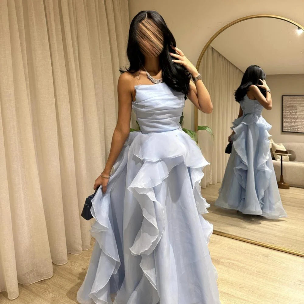 Elegant Blue A-line Sleeveless Ruffled Tulle Formal Prom Gown Evening Dress TP2080