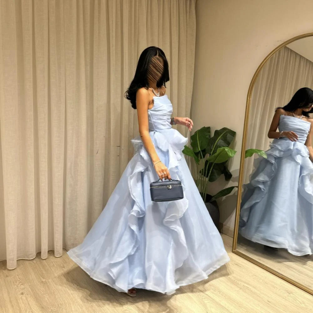 Elegant Blue A-line Sleeveless Ruffled Tulle Formal Prom Gown Evening Dress TP2080
