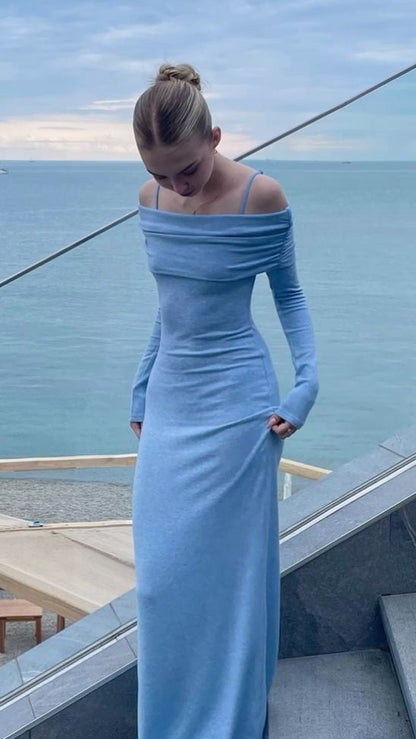 Elegant Off Shoulder Maxi Dress Blue Sexy Bodycon Long Sleeve Party Dress Prom Dress TP2084