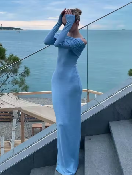 Elegant Off Shoulder Maxi Dress Blue Sexy Bodycon Long Sleeve Party Dress Prom Dress TP2084