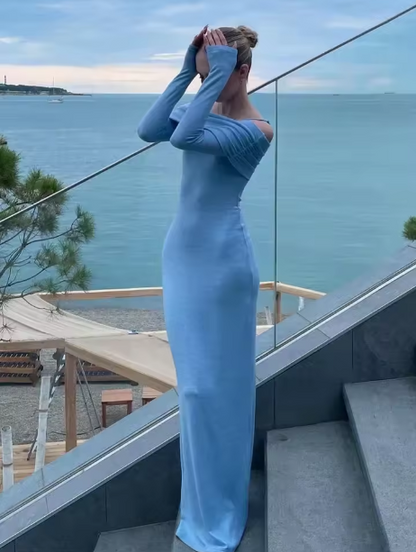 Elegant Off Shoulder Maxi Dress Blue Sexy Bodycon Long Sleeve Party Dress Prom Dress TP2084