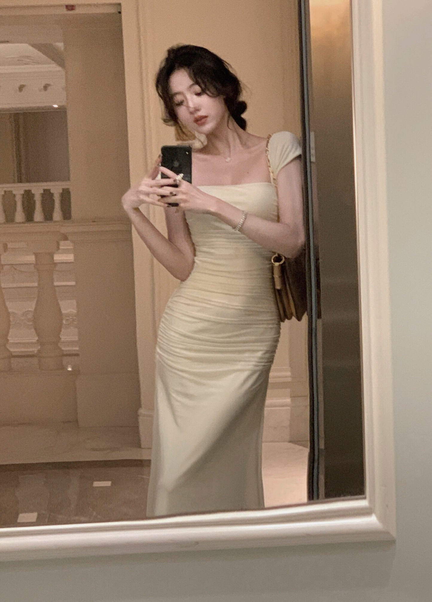 Elegant Light Yellow Mermaid Short Sleeve Chiffon Ankle-Length Dress Ball Gown TP2087