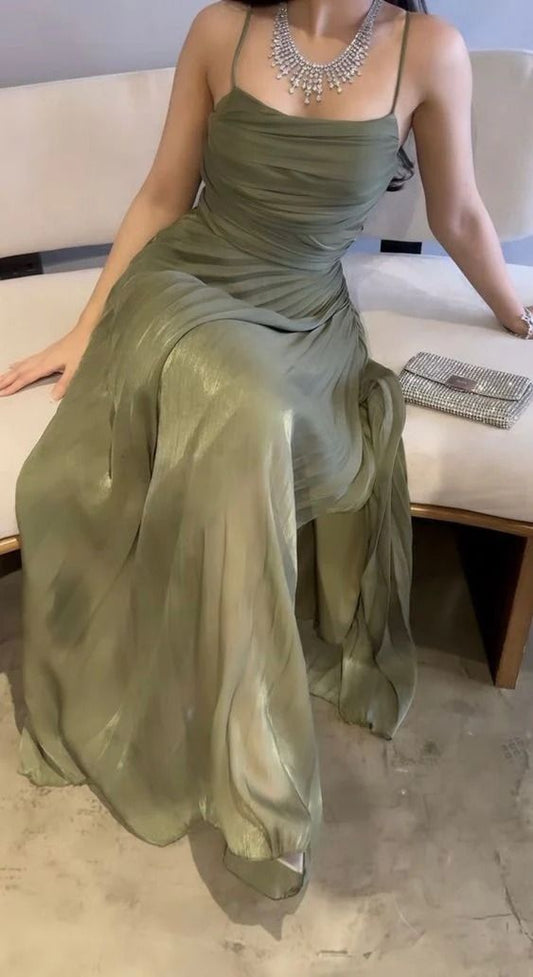 Elegant Green A-line Slit Spaghetti Strap Long Formal Prom Dress Evening Gown TP2088
