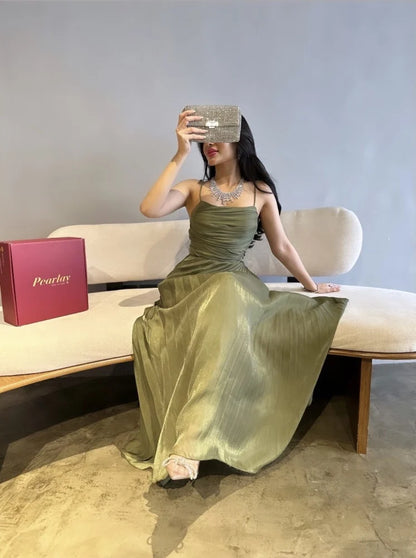 Elegant Green A-line Slit Spaghetti Strap Long Formal Prom Dress Evening Gown TP2088
