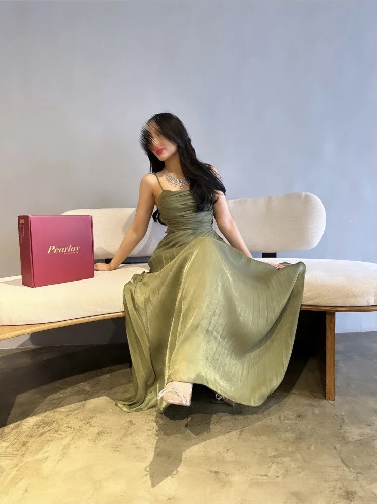 Elegant Green A-line Slit Spaghetti Strap Long Formal Prom Dress Evening Gown TP2088