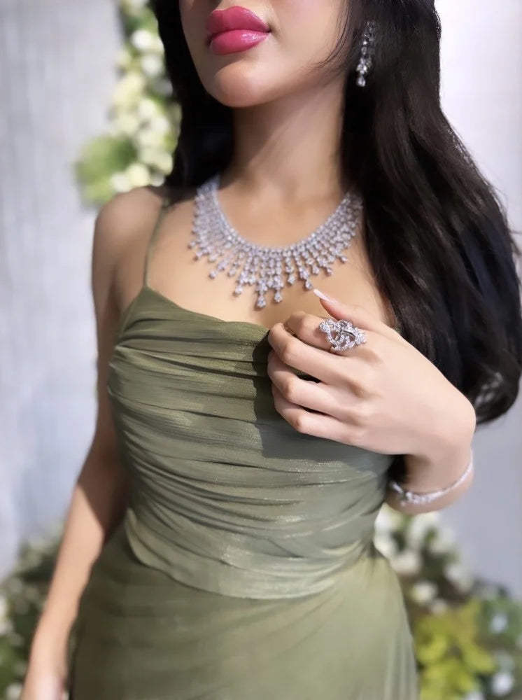 Elegant Green A-line Slit Spaghetti Strap Long Formal Prom Dress Evening Gown TP2088