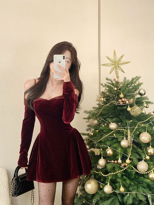 Burgundy A-line Off-shoulder Long Sleeve Velvet Mini Party Dress Homecoming Dress TP2091