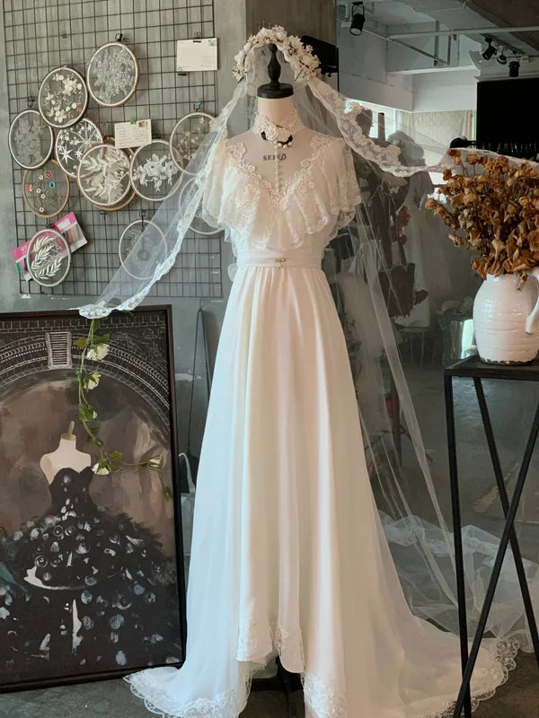 Vintage Chiffon Lace Turtleneck Wedding Dress TP2093