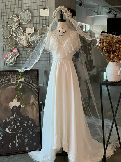 Vintage Chiffon Lace Turtleneck Wedding Dress TP2093