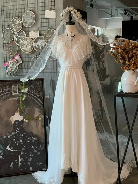 Vintage Chiffon Lace Turtleneck Wedding Dress TP2093
