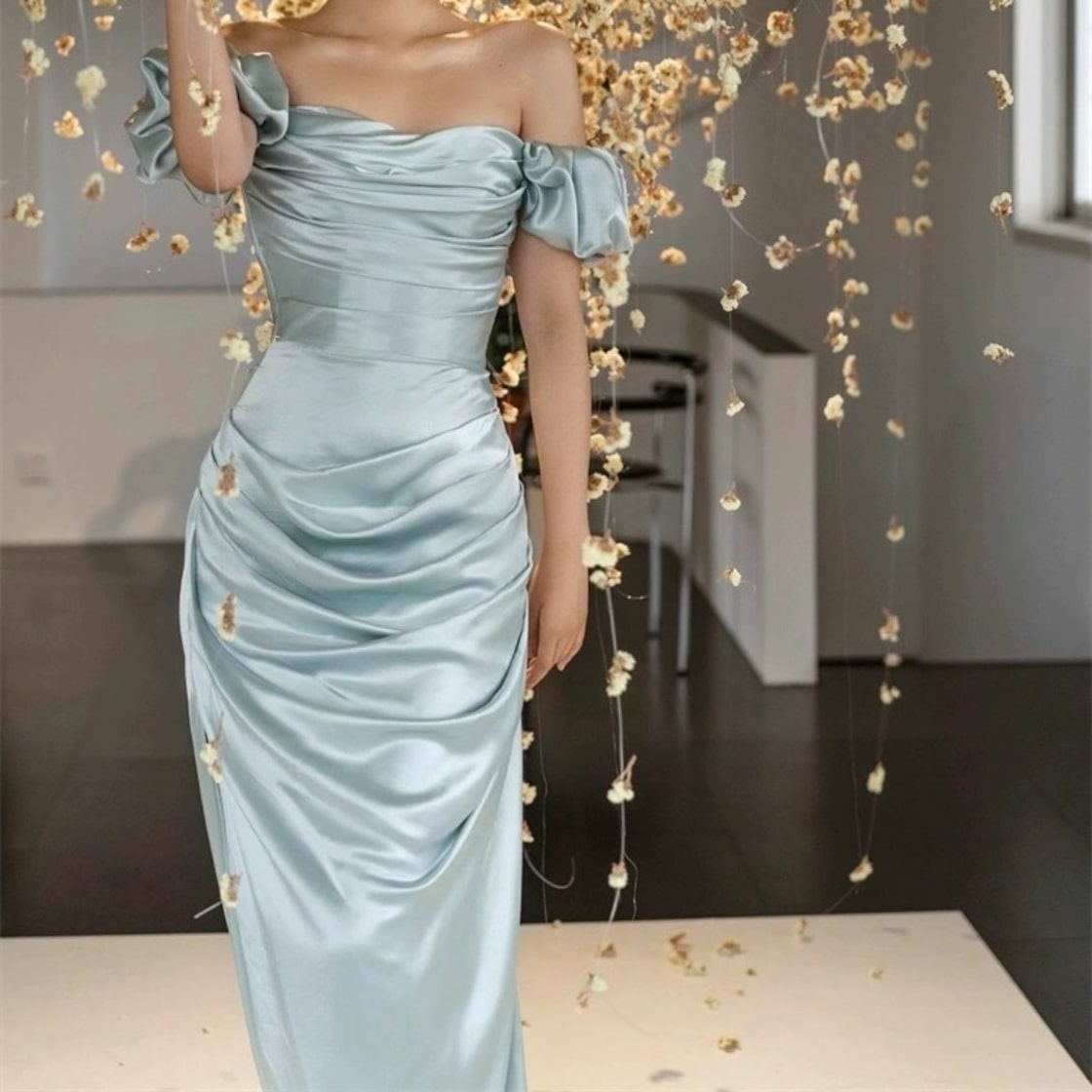 Elegant Blue Mermaid Off Shoulder Slit Formal Bridesmaids Prom Dress TP2094