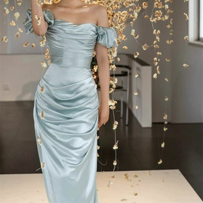 Elegant Blue Mermaid Off Shoulder Slit Formal Bridesmaids Prom Dress TP2094