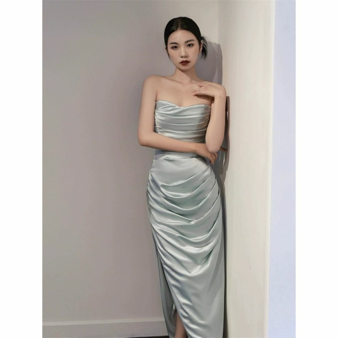 Elegant Blue Mermaid Off Shoulder Slit Formal Bridesmaids Prom Dress TP2094