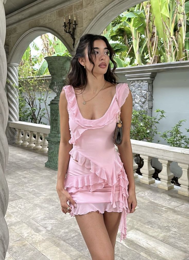 Sexy Pink Two Piece Low Cut Chiffon Ruffle Party Dress Homecoming Dres   TreelyPromDress