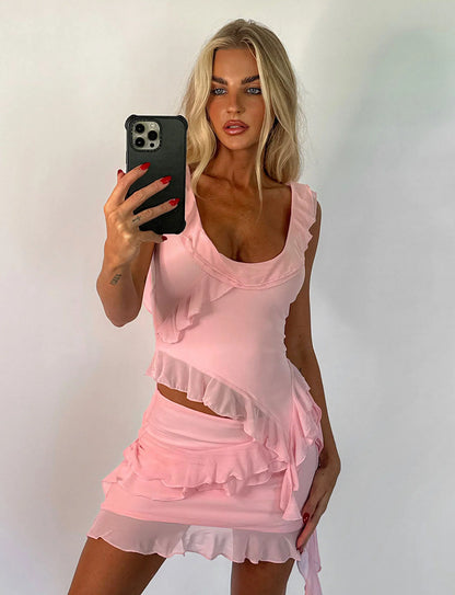 Sexy Pink Two Piece Low Cut Chiffon Ruffle Party Dress Homecoming Dress TP2098