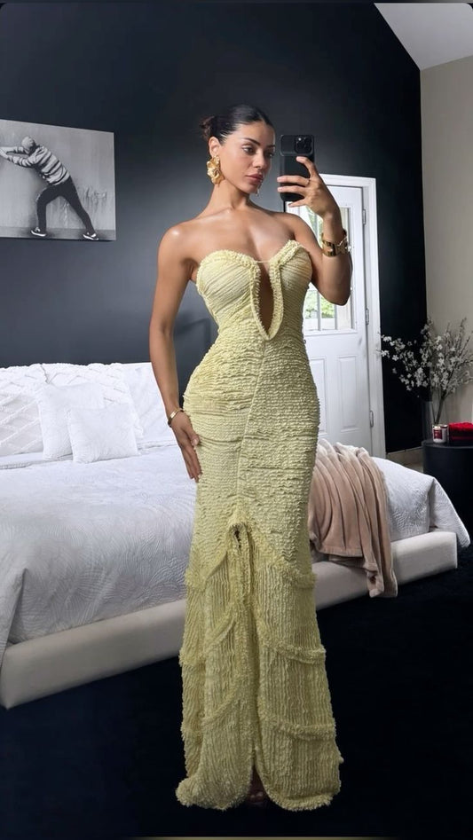 Chic Light Yellow Off-the-shoulder Sleeveless Slit Mermaid Floor-length Ball Gown Evening Dress TP2103