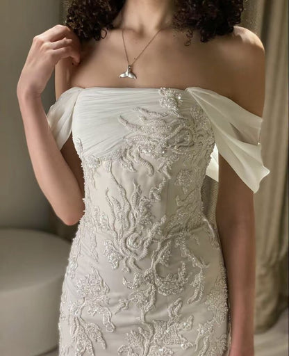 Exquisite Mermaid Off-the-shoulder Applique Beaded Backless Wedding Dress TP2104