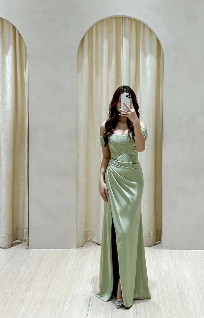 Simple Green Satin Off Shoulder Slit Mermaid Formal Prom Dress Evening Gown TP2106