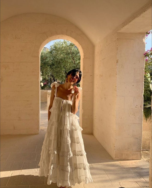 White sleeveless halter ruffled maxi dress TP2110