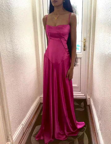 Simple Pink A-line Spaghetti Strap Satin Ball Gown Evening Dress TP2111