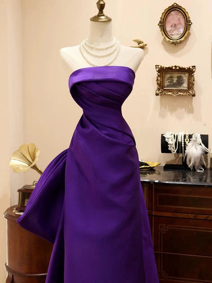Purple Satin Scoop A-line Floor Length Party Dress, Purple Satin Long Prom Dress with Bow TP2119