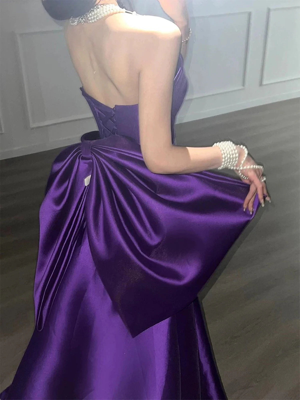 Purple Satin Scoop A-line Floor Length Party Dress, Purple Satin Long Prom Dress with Bow TP2119